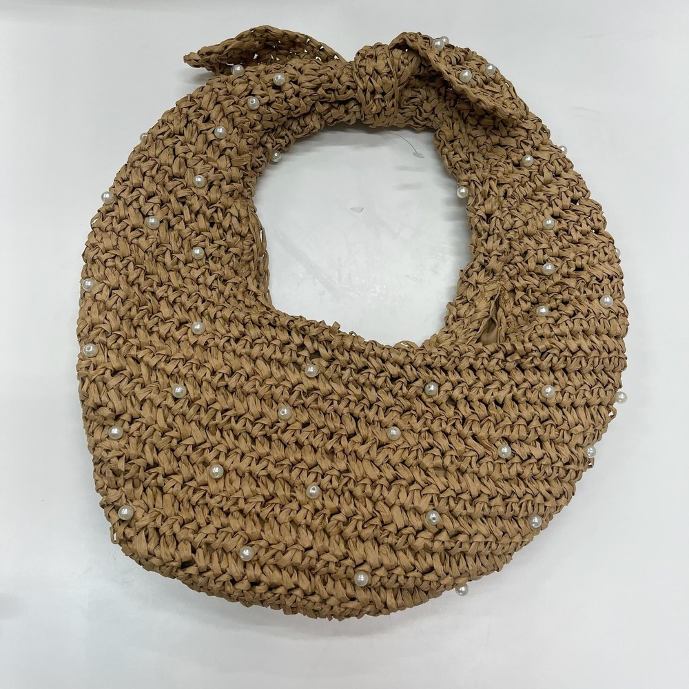 Haute Hippie Style Woven Straw Pearl Embellished Knotted Hobo Bag Tan New